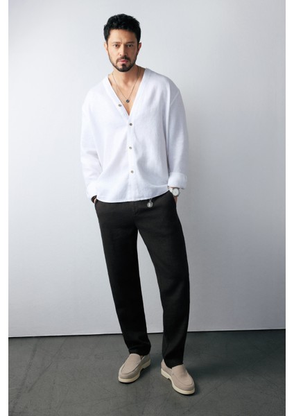 Erkek Siyah Beli Lastikli %100 Keten Relaxed Fit Pantolon B003032