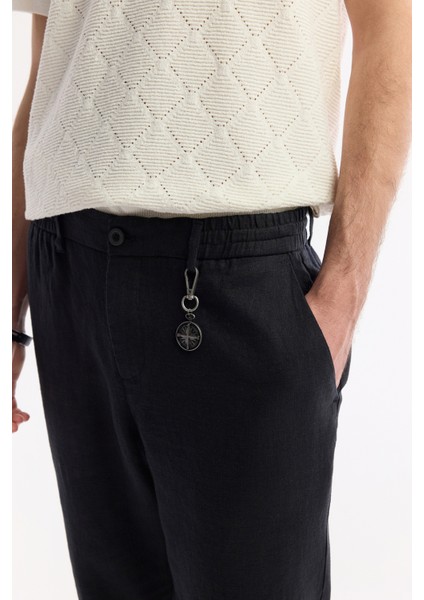 Erkek Siyah Beli Lastikli %100 Keten Relaxed Fit Pantolon B003032 indirimleri
