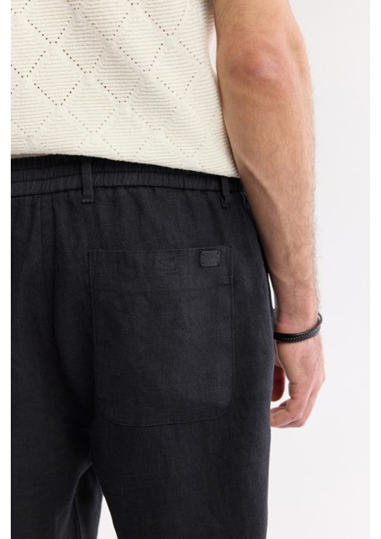 Erkek Siyah Beli Lastikli %100 Keten Relaxed Fit Pantolon B003032