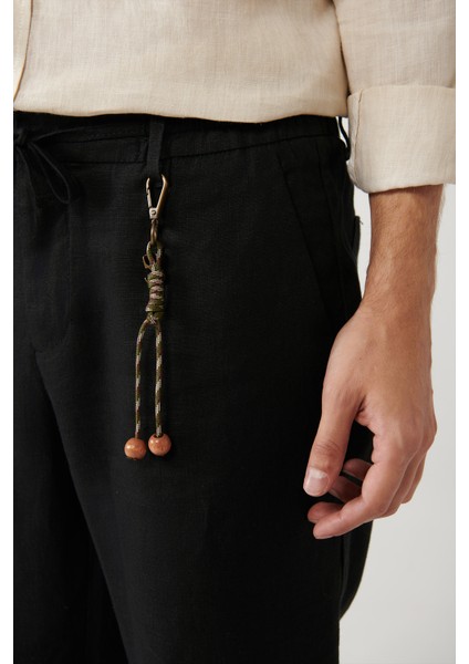 Erkek Siyah Beli Lastikli %100 Keten Relaxed Fit Pantolon B003032