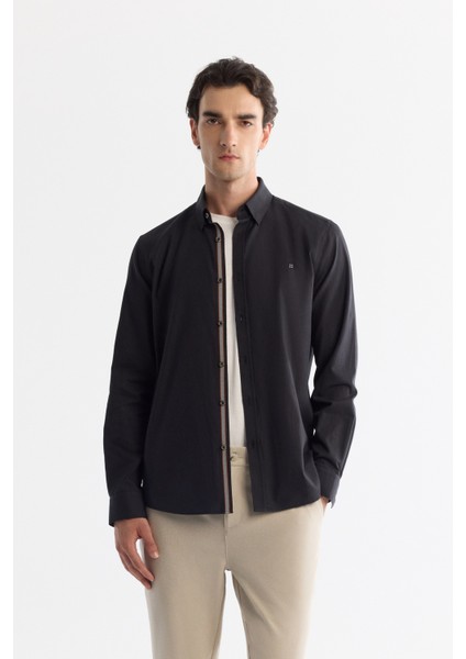 Erkek Siyah Düğmeli Yaka %100 Pamuk Desenli Slim Fit Gömlek A42Y2049