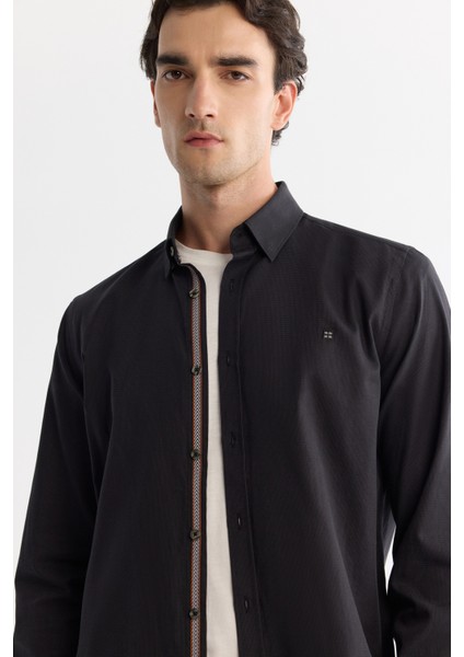 Erkek Siyah Düğmeli Yaka %100 Pamuk Desenli Slim Fit Gömlek A42Y2049 fiyatları