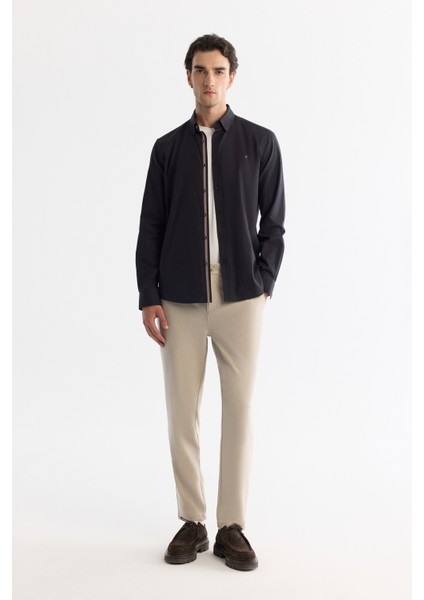 Erkek Siyah Düğmeli Yaka %100 Pamuk Desenli Slim Fit Gömlek A42Y2049 indirimleri