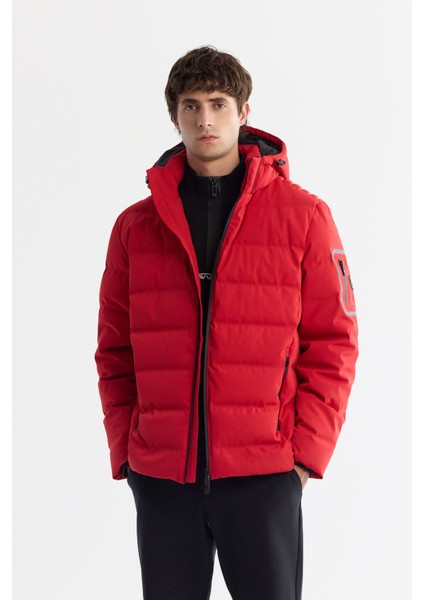 Erkek Kırmızı Kapüşonlu Kaz Tüyü Su İtici Rüzgar Geçirmez Termometreli Mont A42Y6157