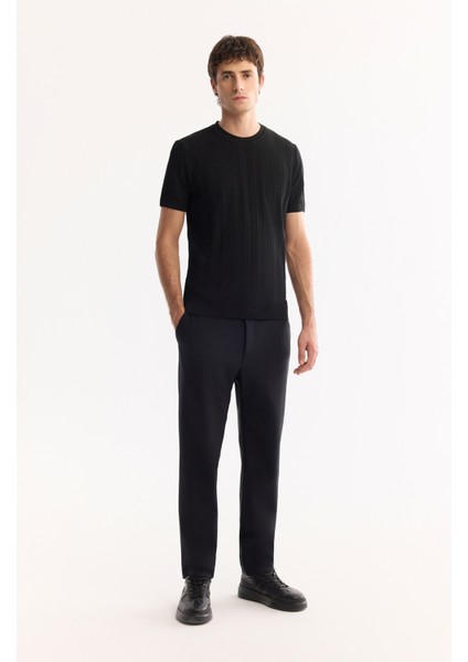 Erkek Siyah Bisiklet Yaka Rayon Tüylenmeyen Çizgili Triko Regular Fit T-Shirt A52Y5005