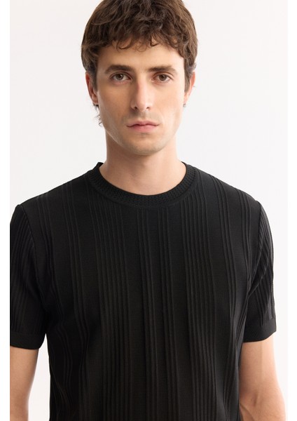 Erkek Siyah Bisiklet Yaka Rayon Tüylenmeyen Çizgili Triko Regular Fit T-Shirt A52Y5005