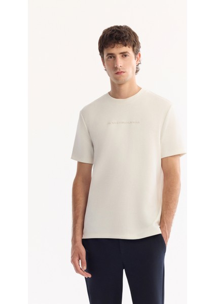 Erkek Ekru Bisiklet Yaka Viskon Karışımlı Bi-Stretch Baskılı Regular Fit T-Shirt A52Y1014