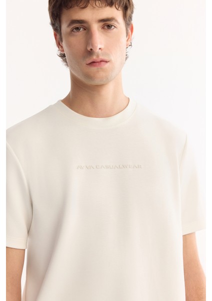 Erkek Ekru Bisiklet Yaka Viskon Karışımlı Bi-Stretch Baskılı Regular Fit T-Shirt A52Y1014