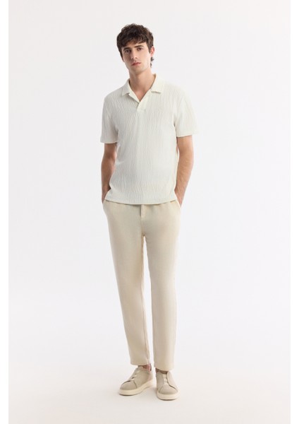 Erkek Ekru Apaj Yaka Pamuklu Jakarlı Regular Fit T-Shirt A51Y1053