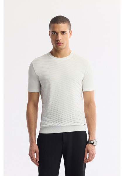 Erkek Ekru Bisiklet Yaka Rayon Triko Regular Fit T-Shirt A51Y5004