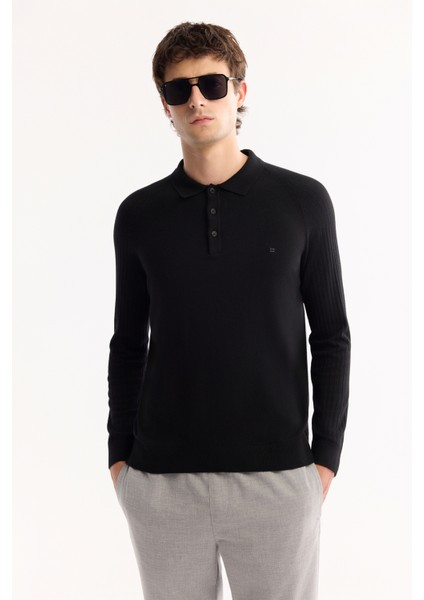 Erkek Siyah Polo Yaka Düğmeli Soft Touch Dokulu Triko Regular Fit Kazak A52Y5030 indirimleri