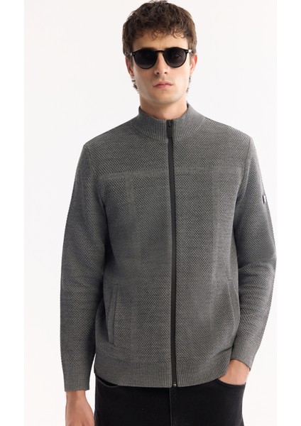 Erkek Antrasit Dik Yaka Fermuarlı Yün Karışımlı Dokulu Regular Fit Hırka A52Y5044 modelleri