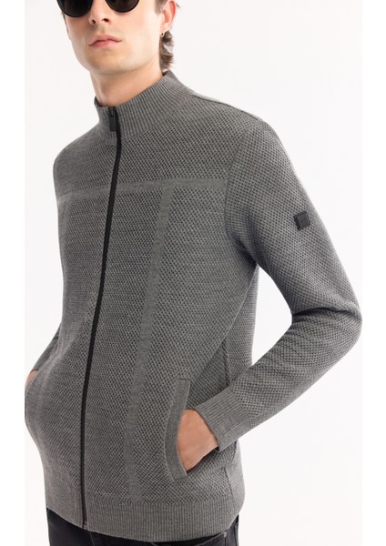 Erkek Antrasit Dik Yaka Fermuarlı Yün Karışımlı Dokulu Regular Fit Hırka A52Y5044 fırsatları