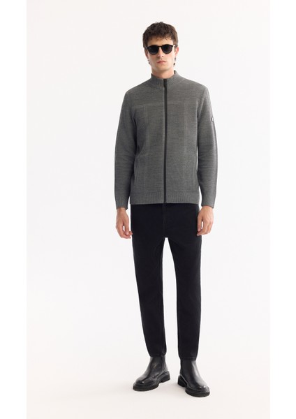 Erkek Antrasit Dik Yaka Fermuarlı Yün Karışımlı Dokulu Regular Fit Hırka A52Y5044
