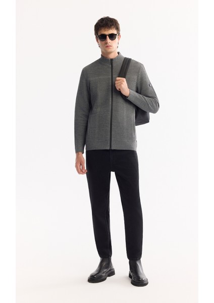 Erkek Antrasit Dik Yaka Fermuarlı Yün Karışımlı Dokulu Regular Fit Hırka A52Y5044