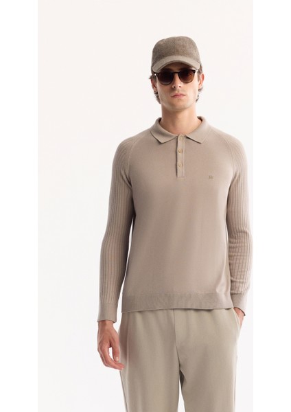 Erkek Vizon Polo Yaka Düğmeli Soft Touch Dokulu Triko Regular Fit Kazak A52Y5030