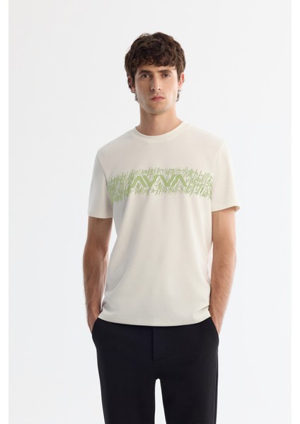 Erkek Ekru Bisiklet Yaka İnterlok Elastan Regular Fit T-Shirt A42Y1005