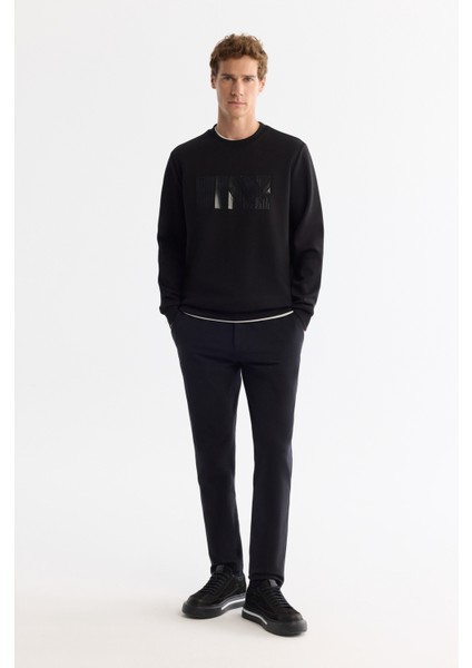 Erkek Siyah Bisiklet Yaka Pamuklu Baskılı Elastan Regular Fit Sweatshirt A42Y1215