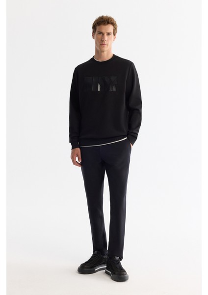 Erkek Siyah Bisiklet Yaka Pamuklu Baskılı Elastan Regular Fit Sweatshirt A42Y1215