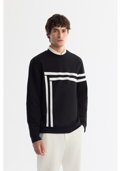 Erkek Siyah Bisiklet Yaka Pamuklu Baskılı Elastan Regular Fit Sweatshirt A42Y1284