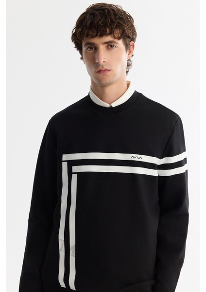 Erkek Siyah Bisiklet Yaka Pamuklu Baskılı Elastan Regular Fit Sweatshirt A42Y1284 fiyatları