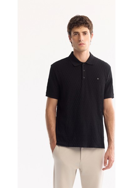 Erkek Siyah %100 Pamuk Jakarlı Polo Yaka Regular Fit T-Shirt A41Y1196
