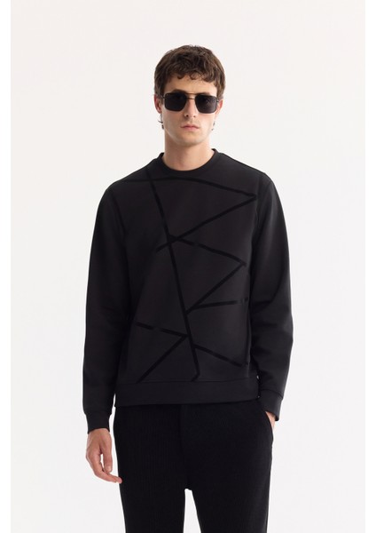 Erkek Siyah Bisiklet Yaka Pamuklu Bi-Stretch Baskılı Regular Fit Sweatshirt A52Y1285