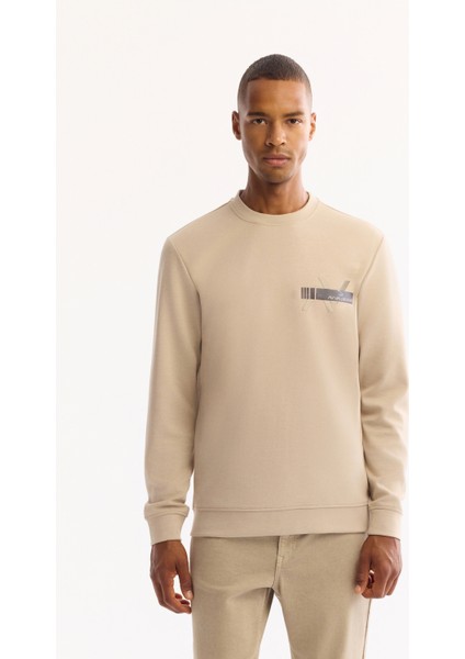 Erkek Bej Bisiklet Yaka Pamuklu Bi-Stretch Baskılı Regular Fit Sweatshirt A52Y1260