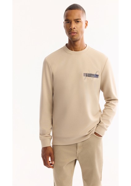 Erkek Bej Bisiklet Yaka Pamuklu Bi-Stretch Baskılı Regular Fit Sweatshirt A52Y1260 indirimleri