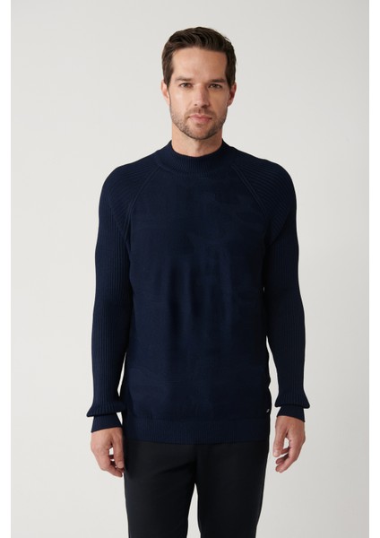 Erkek Lacivert Yüksek Bisiklet Yaka Kamuflaj Desenli Rayon Kazak A32Y5046 modelleri