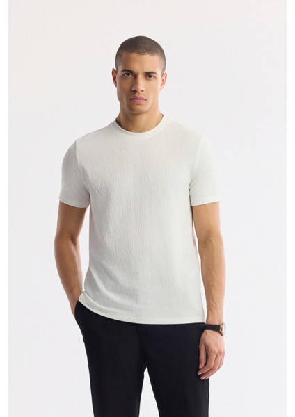 Erkek Beyaz Bisiklet Yaka Jakarlı Elastan Regular Fit T-Shirt A51Y1165