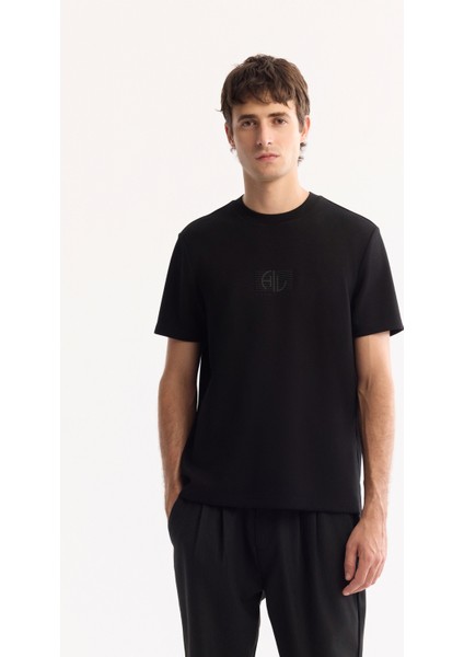 Erkek Siyah Bisiklet Yaka Viskon Karışımlı Bi-Stretch Baskılı Regular Fit T-Shirt A52Y1020