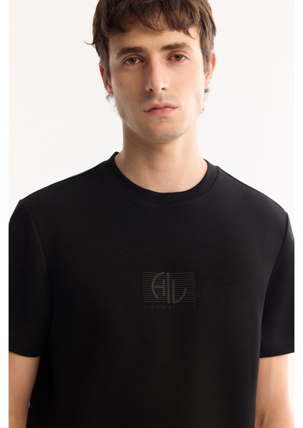 Erkek Siyah Bisiklet Yaka Viskon Karışımlı Bi-Stretch Baskılı Regular Fit T-Shirt A52Y1020