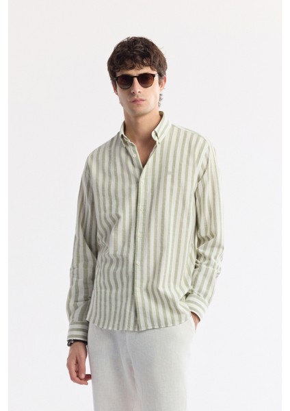 Erkek Yeşil Düğmeli Yaka Çizgili %100 Pamuk Comfort Fit Gömlek A51Y2167