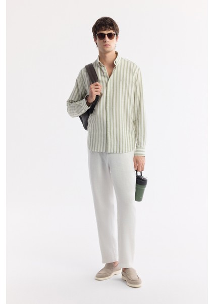 Erkek Yeşil Düğmeli Yaka Çizgili %100 Pamuk Comfort Fit Gömlek A51Y2167