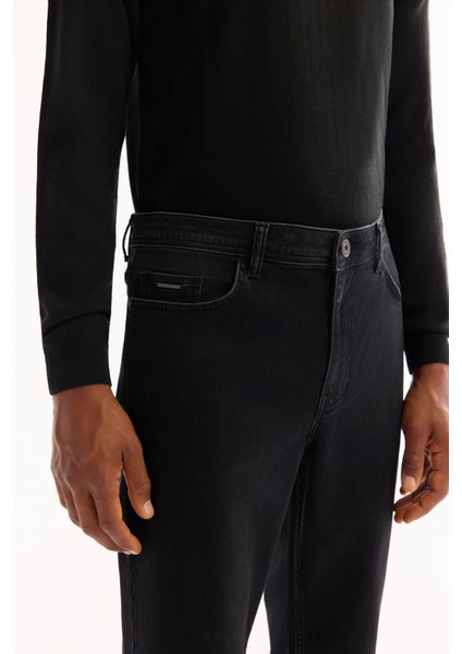 Erkek Siyah Klasik Bel Pamuklu Eskitme Yıkamalı Roma Crop Slim Fit Jean Pantolon A52Y3515