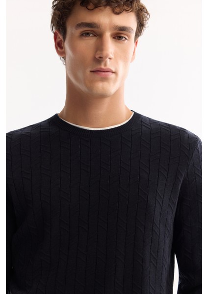 Erkek Lacivert Bisiklet Yaka %100 Akrilik Dokulu Triko Regular Fit Kazak E005088 indirimleri