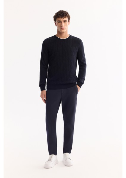 Erkek Lacivert Bisiklet Yaka %100 Akrilik Dokulu Triko Regular Fit Kazak E005088