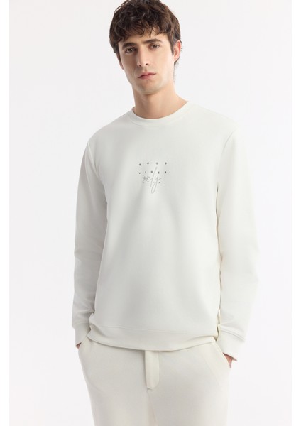 Erkek Beyaz Bisiklet Yaka Baskılı Bi-Stretch İnterlok Regular Fit Sweatshirt A51Y1235 indirimleri