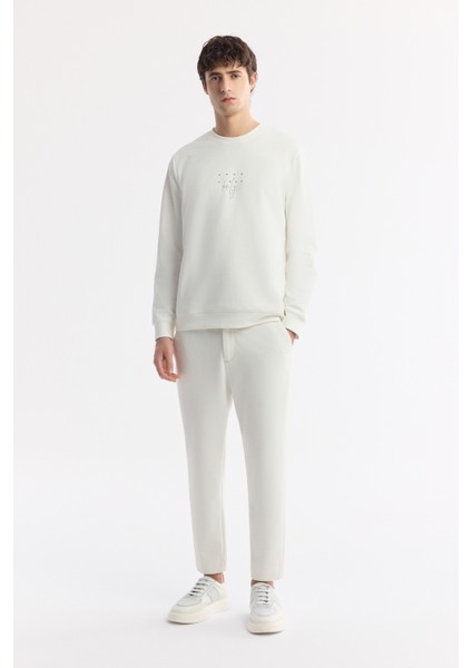 Erkek Beyaz Bisiklet Yaka Baskılı Bi-Stretch İnterlok Regular Fit Sweatshirt A51Y1235