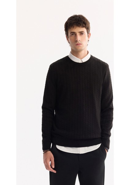 Erkek Siyah Bisiklet Yaka %100 Akrilik Dokulu Triko Regular Fit Kazak E005088