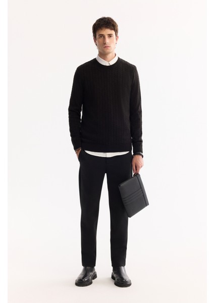 Erkek Siyah Bisiklet Yaka %100 Akrilik Dokulu Triko Regular Fit Kazak E005088