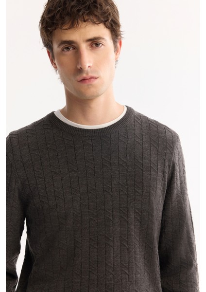 Erkek Antrasit Bisiklet Yaka %100 Akrilik Dokulu Triko Regular Fit Kazak E005088 modelleri