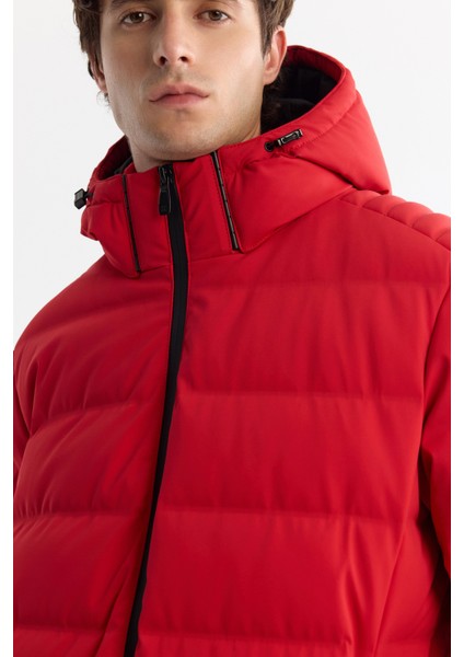 Erkek Kırmızı Kapüşonlu Kaz Tüyü Su İtici Rüzgar Geçirmez Termometreli Mont A42Y6157