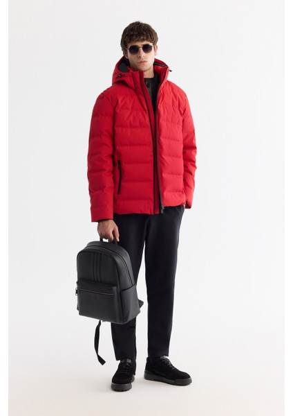 Erkek Kırmızı Kapüşonlu Kaz Tüyü Su İtici Rüzgar Geçirmez Termometreli Mont A42Y6157