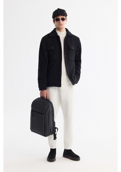 Erkek Siyah Klasik Yaka Rüzgar Geçirmez Termometreli Peluş Comfort Fit Mont A42Y6085