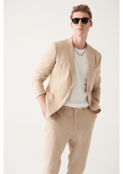Erkek Bej Astarsız Keten Karışımlı Çift Yırtmaçlı Ceket A31Y4022 modelleri