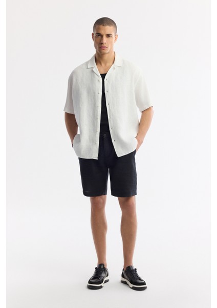 Erkek Beyaz Apaj Yaka %100 Keten Kısa Kol Oversize Fit Gömlek A51Y2209 indirimleri