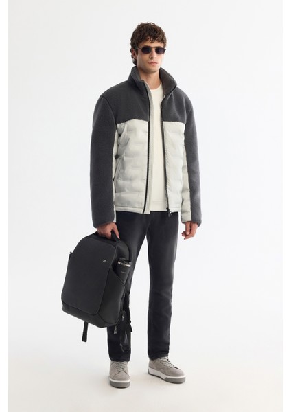 Erkek Gri Dik Yaka Su İtici Rüzgar Geçirmez Elyaf Şişme Peluş Comfort Fit Mont A42Y6017