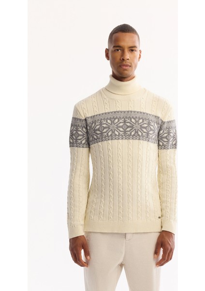 Erkek Ekru Balıkçı Yaka Soft Touch Desenli Triko Regular Fit Kazak A52Y5072